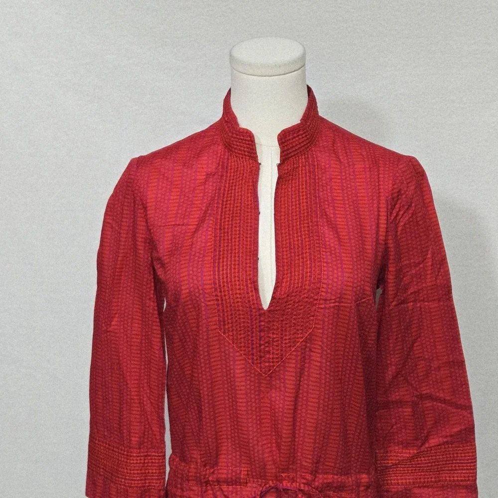 Tory Burch Dress Womens 2 Red Geometric Print Tunic Split Neck Waist Tie Boho‎